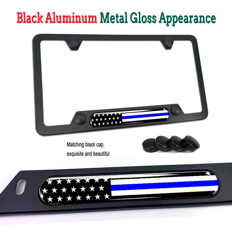FBJTDQ Police Thin Blue Line License Plate Frame-American Flag Patriotic Car Tag Holder, USA Black Aluminum Bracket with Screw, Cap Covers, Decal, Novelty Present for Law Enforcement, 1 Pack - Image 3